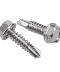 Heavy Duty Rip Through Sheet Metal Screws With Hex Washer Head Design Built Tough For No Sweat Self Drilling And Tapping Ten By Three Quarters Projects In Solid 410 Stainless Steel With 100 Count Pack, two screws visible.