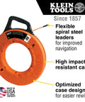 Professional Grade 200 Foot Non Conductive Fiberglass Fish Tape Featuring Multi Groove Low Friction Design And 500 Pound Pull Rating For Zero Stress Wiring Hustle in high impact case.