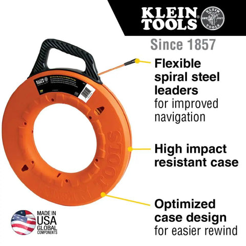 Professional Grade 200 Foot Non Conductive Fiberglass Fish Tape Featuring Multi Groove Low Friction Design And 500 Pound Pull Rating For Zero Stress Wiring Hustle in high impact case.