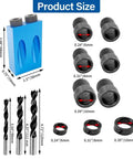 Pocket Hole Jig Kit For Woodworking, Aluminum 14-Piece Joint Locator Set with drill bits and size details.