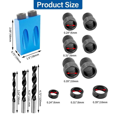 Pocket Hole Jig Kit For Woodworking, Aluminum 14-Piece Joint Locator Set with drill bits and size details.
