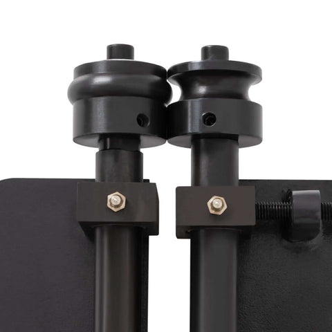 Close-up of Hand Crank Sheet Metal Bead Roller Machine With Six Die Sets For Fabrication, adjustable black rollers.