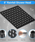 8 Inch High Pressure Rainfall Shower Head with leak-resistant nozzles and matte black finish