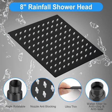 8 Inch High Pressure Rainfall Shower Head with leak-resistant nozzles and matte black finish