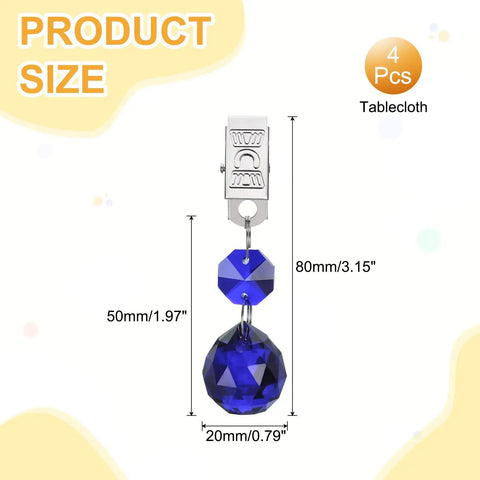 4 Pack Tablecloth Weights With Metal Clips Crystal Ball Pendant Curtain Weights 20mm Blue shown with size dimensions.
