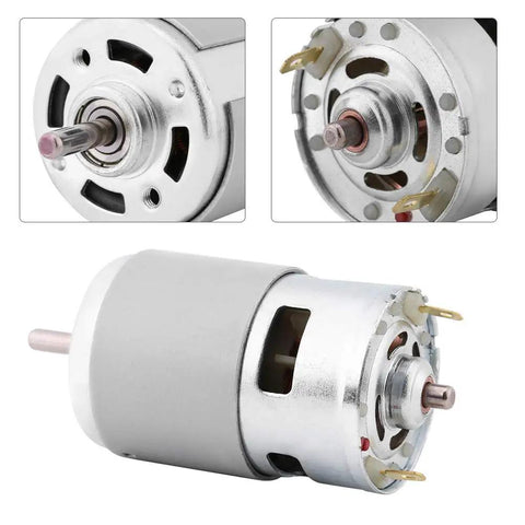 775 Brushless DC Motor 12V 150W High Speed 13000 To 15000 RPM with metal gear drive and copper windings, front and side view