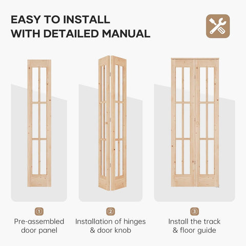 Installation steps for Double 30 By 80 Inch Bifold Barn Door With Tempered Frosted Glass And Solid Wood Space Saving Closet Door Kit