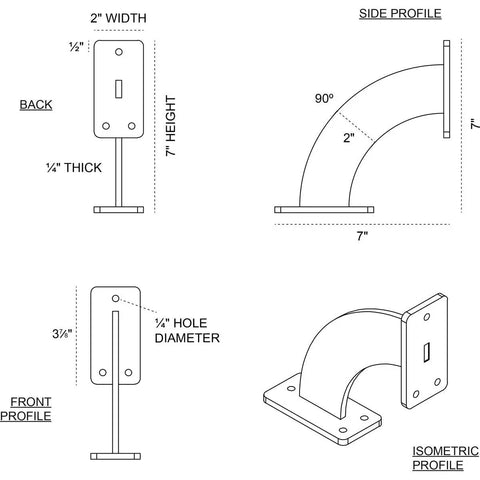 Technical drawing of Stainless Steel Bradford Shelf Brackets 2 Pack Heavy Duty Quarter Inch Brackets For Countertops And Cabinets 24" x 7" x 7"