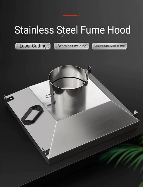 Square Fume Hood for Welding and Cutting, Stainless Steel Construction, 150mm Inlet, shown from top angle.
