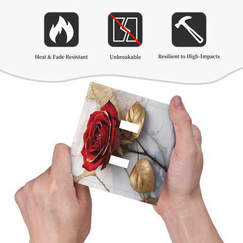Vintage Red Rose Marble Toggle Plate Cover Built Tough With Rugged Abs To Dodge Scratches, held in hands with red rose design.