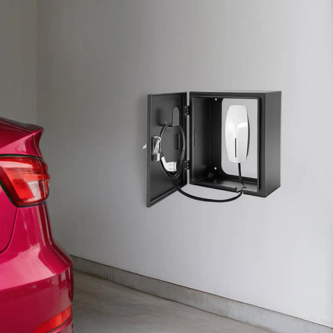 Badass Heavy Duty Wall Mount EV Charger Lock Box With Dial Combo Padlock And Slick Black Cold Rolled Steel Anti Theft Security Case For 19 Inch Charging Gear mounted on wall with charging plug visible.