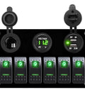 12 Volt Green LED 6 Gang Rocker Switch Panel with USB Charger and Cigarette Lighter Socket Voltmeter Waterproof Marine Boat RV UTV ATV