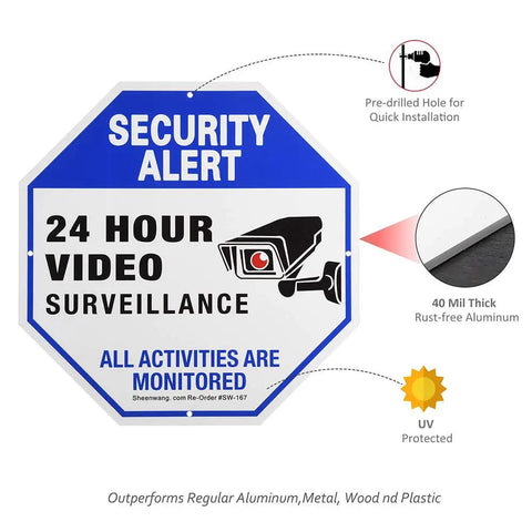 2 Pack Outdoor Security Camera Signs For Home Or Biz, Video Surveillance Signage Featuring UV Printed 40 Mil Aluminum, 10x10 Inches, Weatherproof And Rust Free, Heavy Duty Metal Signage, octagonal shape with text and camera graphic displayed.