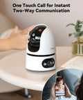 2K WiFi Indoor Security Camera For Pets And Baby With AI Motion And Sound Detection on table, showing two-way communication feature