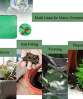 Collage of uses for 2Pack Plant Repotting Square Mats Foldable 39.3 Inch, showing gardening tasks like soil filling and repotting.