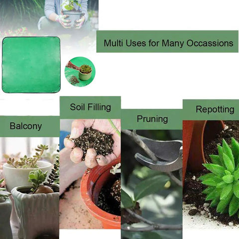 Collage of uses for 2Pack Plant Repotting Square Mats Foldable 39.3 Inch, showing gardening tasks like soil filling and repotting.