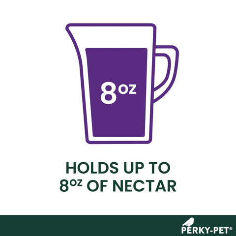Illustration showing 8 oz capacity feature of Window Mount Hummingbird Feeder With Perches, 8 Oz Nectar Capacity, Three Feeding Ports.
