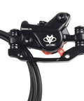 Heavy Duty Hydraulic Disc Brake Kit For Electric Kick Scooters Featuring Twin Front Rear Rotors Dual Calipers Master Levers Plus Two Pin Sm Connector close-up of black hydraulic caliper with mineral oil.