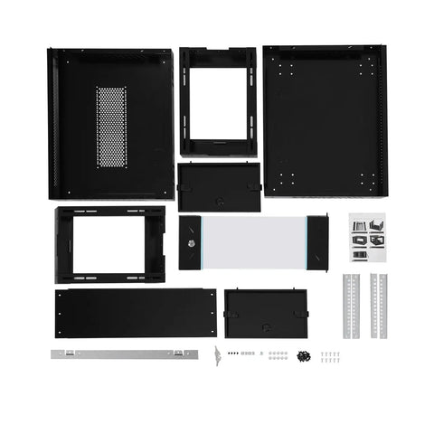 Heavy Duty 4U Wall Mount Server Rack Cabinet Built Tough For Network Switches And IT Gear With Shatter Resistant Glass Door parts and assembly components laid out.
