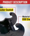 Close-up of X Change Coupler Bracket, black powder-coated G50 steel, highlighting material details for Bobcat E Series excavators.