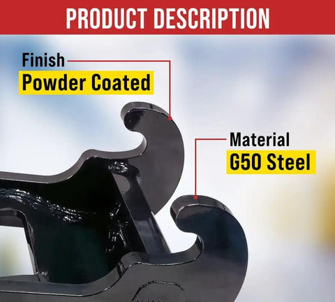 Close-up of X Change Coupler Bracket, black powder-coated G50 steel, highlighting material details for Bobcat E Series excavators.
