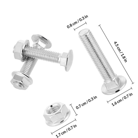 Carriage Bolts And Nuts Kit With Washers, 20 Sets For Truck Bed Mounting Hardware, silver finish, size details shown.