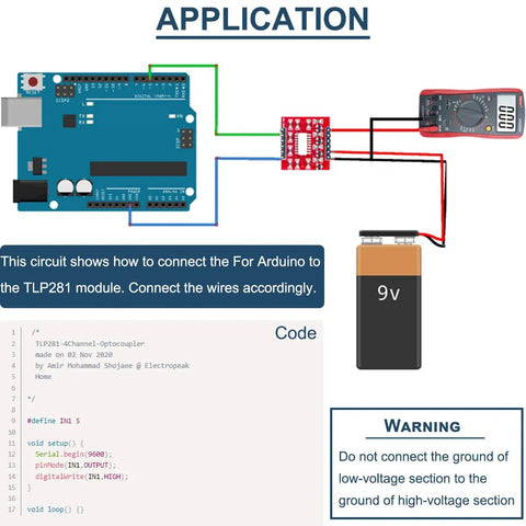 Circuit diagram showing Five-Piece Four-Channel Optocoupler Isolation Module With TLP281 ICs for Arduino connection with 9V battery and components.