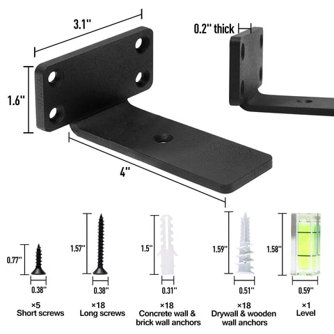 Dimensions and components of Heavy Duty Floating Shelf Brackets 4 Inch L Shaped Iron Wall Shelves Supports 150 Lbs Capacity Hidden Countersunk Design Rustic Industrial Black Finish 4 Pack
