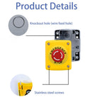Red Emergency Stop Button Switch E Stop Momentary Cutoff 1NO 1NC 660V 10A with box showing knockout hole and stainless steel screws.