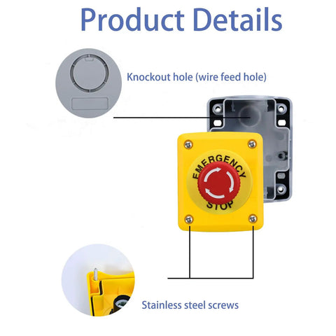 Red Emergency Stop Button Switch E Stop Momentary Cutoff 1NO 1NC 660V 10A with box showing knockout hole and stainless steel screws.