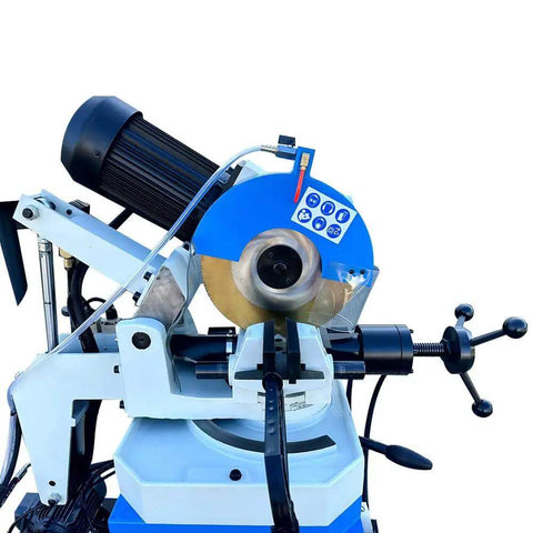 Tough As Nails Hydraulic Cold Cut Saw Rocking Four Horsepower and Two Speed Semi Automatic Drive for smooth swivel cutting.