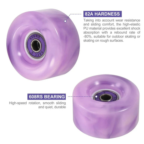 Close-up of purple 82A hardness PU roller skate wheels with 608RS bearings, part of Eight Pack Roller Skate Wheels 82A Wear Resistant PU Replacement For Quad Skates And Skateboards Outdoor Indoor With Durable Bearings Purple And White Includes Brakes, Shock Absorbers, Screwdriver, Screws And Wrench