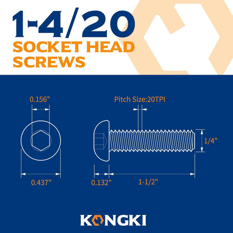 1/4 20 X 1 1/2 Button Head Socket Cap Screws dimensions, 304 stainless steel design and specifications diagram.