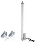 Homend 12V DC 20-inch stroke linear actuator, side view; silver metal with two mounting brackets and hardware