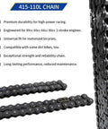 Close-up of Rugged Heavy Duty 415H Chain That Packs A Punch For Motorized Bikes With Handy Chain Breaker Tool Fits 49Cc To 80Cc Two Stroke Engines Versatile For Dirt Bikes Pit Bikes Atvs Mowers showing durability features