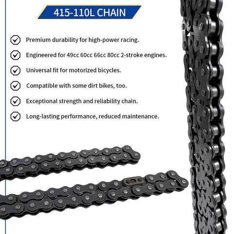 Close-up of Rugged Heavy Duty 415H Chain That Packs A Punch For Motorized Bikes With Handy Chain Breaker Tool Fits 49Cc To 80Cc Two Stroke Engines Versatile For Dirt Bikes Pit Bikes Atvs Mowers showing durability features