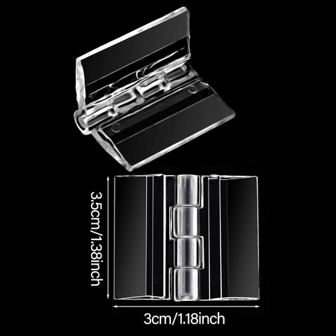 12 Pack Clear Acrylic Hinges Self Adhesive Transparent Piano Strips For Cabinet And Aquarium Lids Straight Up Durable Furniture Hardware No Sweat DIY Setup Smooth Finish 35X30MM shown from top and side angles.
