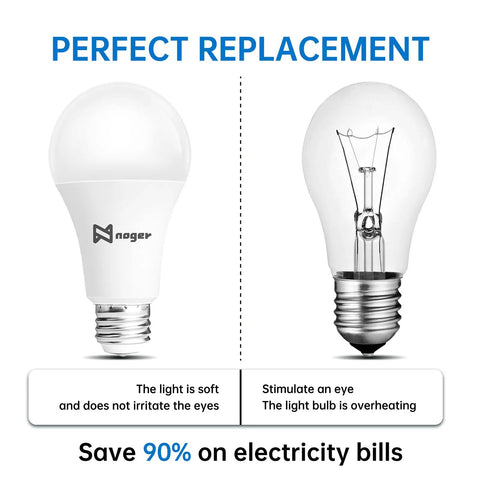Comparison of Three Way A21 LED Light Bulbs 50 100 150W Equivalent, 5000K Daylight versus regular incandescent bulb