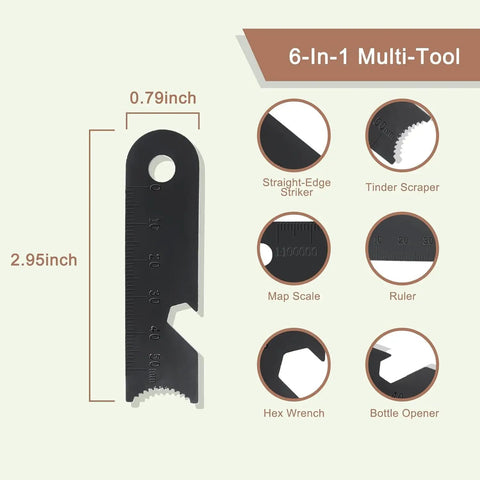 6-in-1 multi-tool from Two Pack 4 Inch Ferro Rod Fire Starter Kit with straight-edge striker, tinder scraper, map scale, ruler, hex wrench, bottle opener.