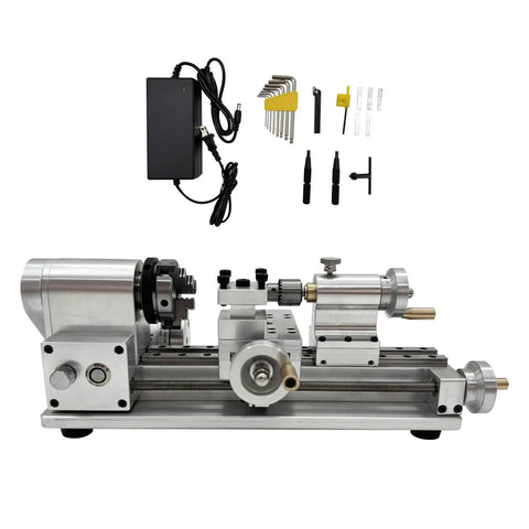 Straight Shooting Compact Mini Lathe Machine Featuring Variable Speed DC Motor Turning Wood Aluminum And Plastics, showing toolset and power supply.