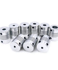 Knockout D19L25 Flexible Encoder Coupler With Plug And Play Setup For Stepper Motors And Cnc Engravers Built Like A Tank For Zero Slack In 6Mm To 8Mm Bores Top Rated For 3D Printers, shown in a group of ten metallic couplers.