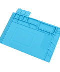 Pro Grade Silicone Electronic Repair Mat With High Temperature Resistance Antistatic Soldering Pad, shown in blue with slots and measurements.