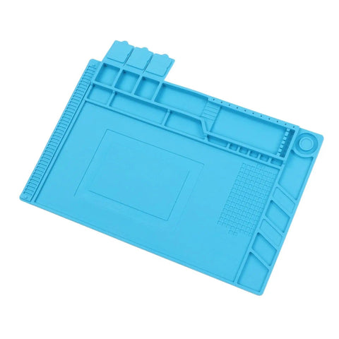 Pro Grade Silicone Electronic Repair Mat With High Temperature Resistance Antistatic Soldering Pad, shown in blue with slots and measurements.