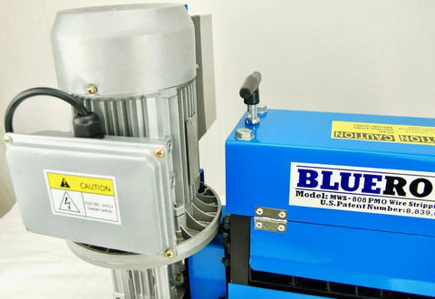 Close-up view of Nine Channel Copper Wire Stripping Machine With 1HP 120V Motor Handles 18 AWG To 1 Inch OD Cables Industrial Grade Steel Frame Patent US8839695B2 Beefy Heavy Duty 125 Lbs Efficient Smooth Cut For Quick Cable Recycling showing motor and control panel