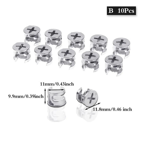 Ten zinc alloy nickel plated three in one thickening connector eccentric wheels for furniture hardware, dimensions displayed