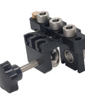 Heavy-Duty Doweling Jig Drill Kit With Adjustable Depth Locator And Three Pro Bits For Slick Woodworking Jobs, black aluminum base and clamps.