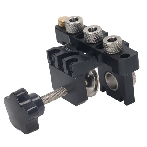 Heavy-Duty Doweling Jig Drill Kit With Adjustable Depth Locator And Three Pro Bits For Slick Woodworking Jobs, black aluminum base and clamps.