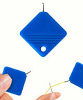 Close-up view of Ultimate 5Pc Blue Universal Square Needle Threader Kit For Sewing Machines And Hand Use Durable Metal Tool shown in use.