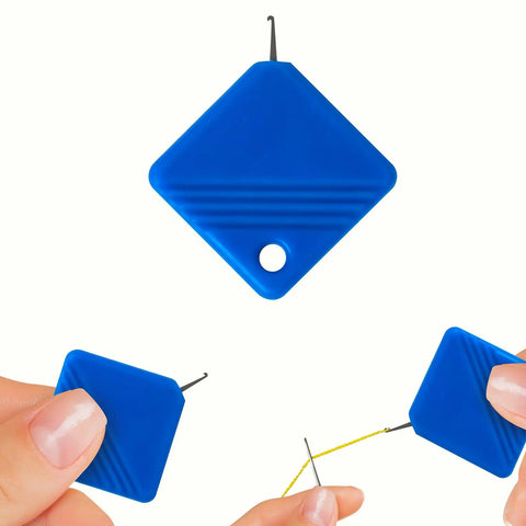 Close-up view of Ultimate 5Pc Blue Universal Square Needle Threader Kit For Sewing Machines And Hand Use Durable Metal Tool shown in use.
