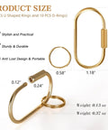 Slick Gold Brass Key Ring Organizer Set 8 Pack showcasing U-shaped and O-rings with size dimensions and weights highlighted.